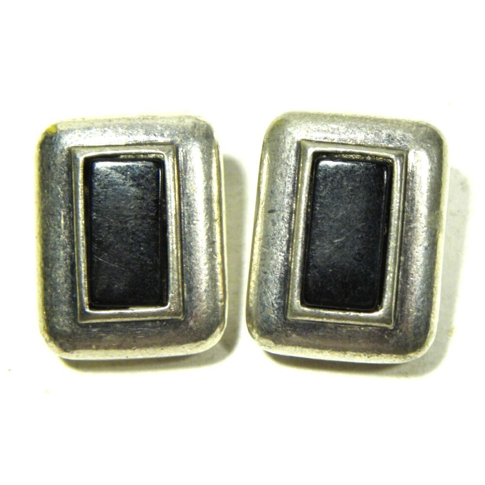 Vintage Liz Claiborne Earrings Silver Tone Black Onyx Clip On LC Rectangle